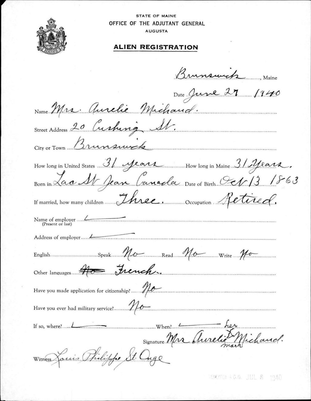 Miniature of Alien Registration- Michaud, Aurelie (Brunswick, Cumberland County)