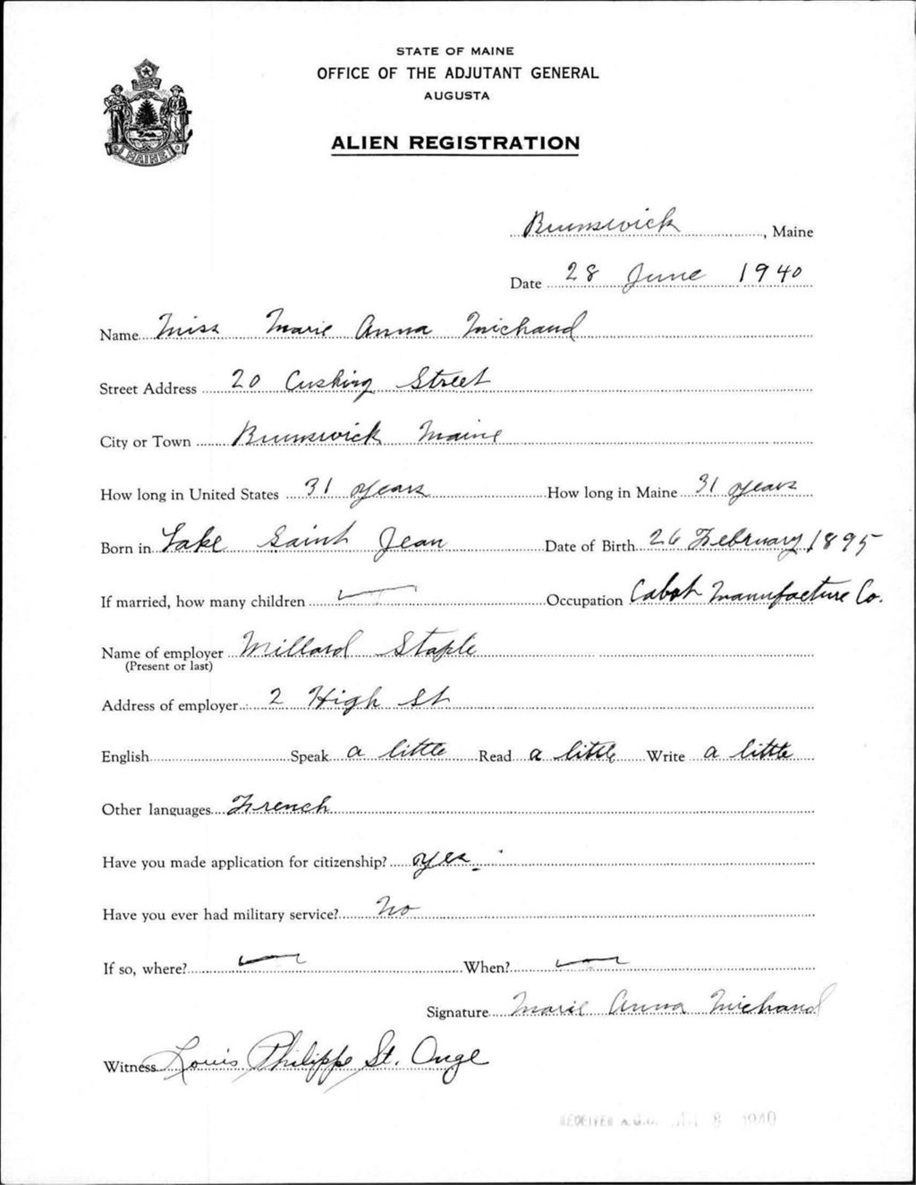 Miniature of Alien Registration- Michaud, Marie A. (Brunswick, Cumberland County)