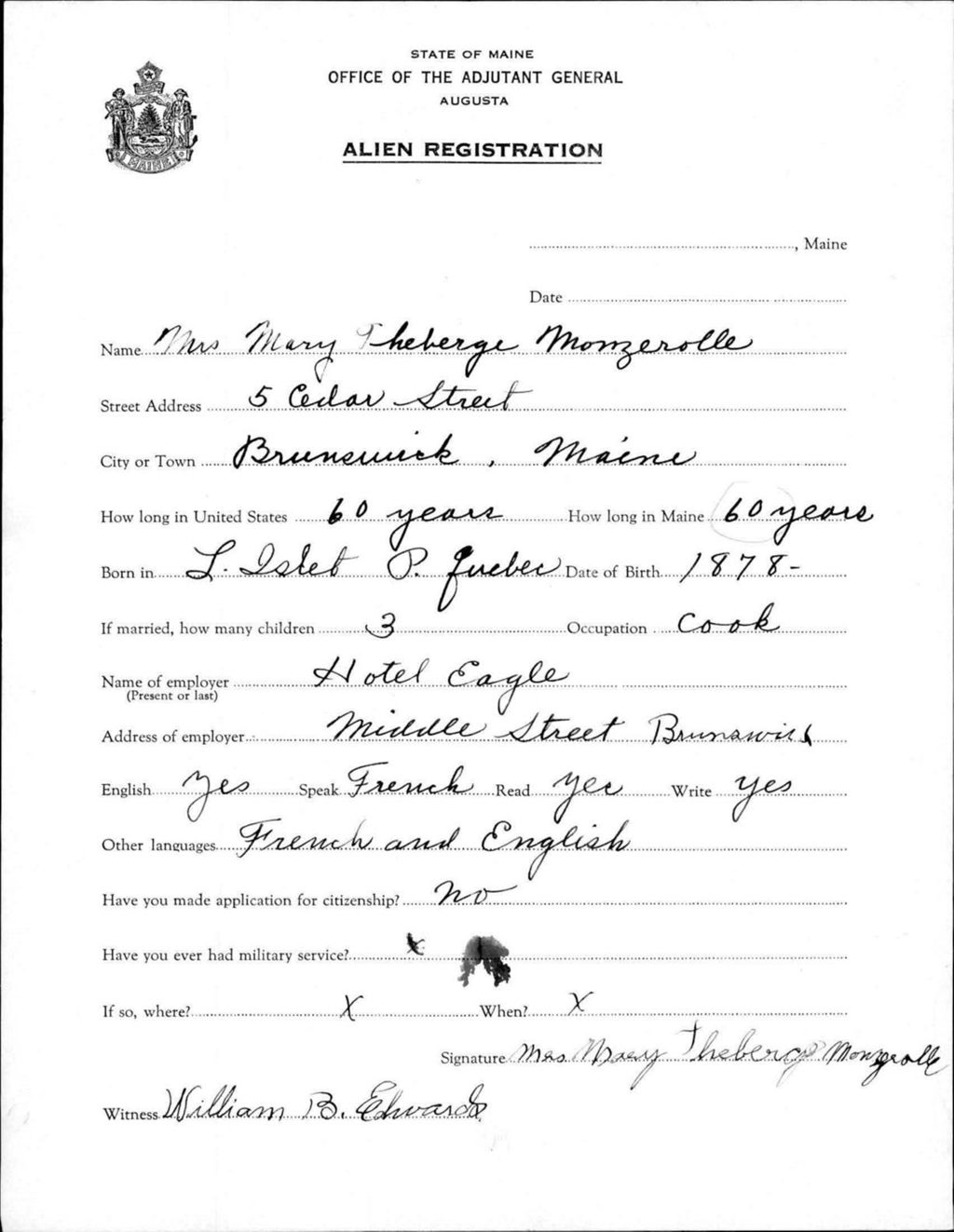 Miniature of Alien Registration- Theberge, Mary (Brunswick, Cumberland County)