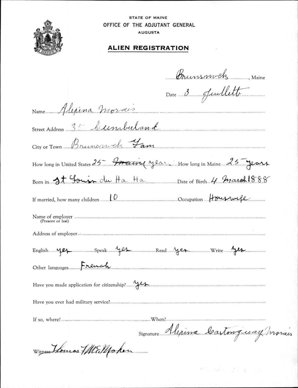 Miniature of Alien Registration- Morais, Alexina (Brunswick, Cumberland County)