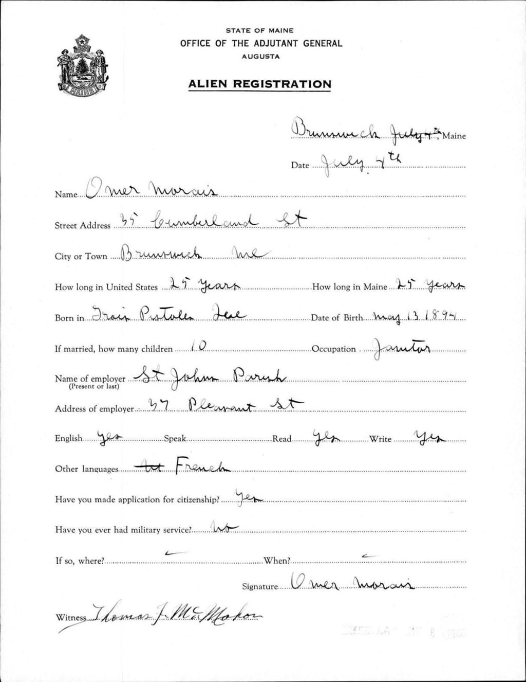 Miniature of Alien Registration- Morais, Omer (Brunswick, Cumberland County)