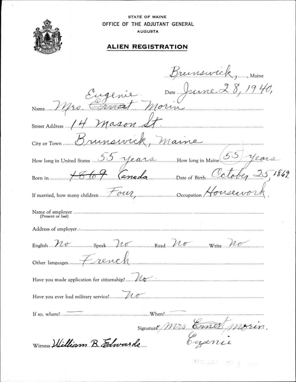Miniature of Alien Registration- Morin, Eugenie (Brunswick, Cumberland County)