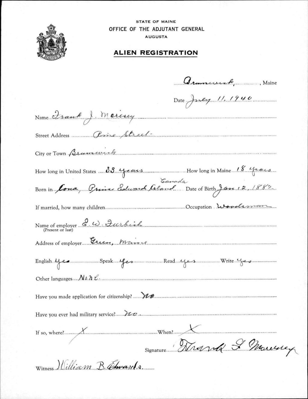Miniature of Alien Registration- Morisey, Frank J. (Brunswick, Cumberland County)