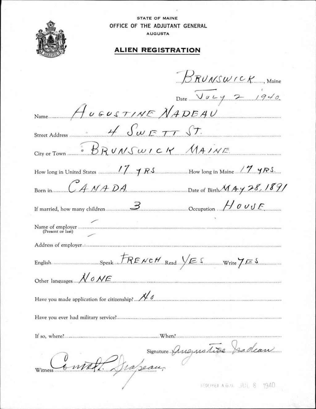 Miniature of Alien Registration- Nadeau, Augustine (Brunswick, Cumberland County)