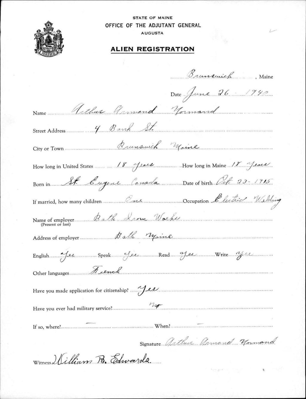 Miniature of Alien Registration- Normand, Arthur A. (Brunswick, Cumberland County)