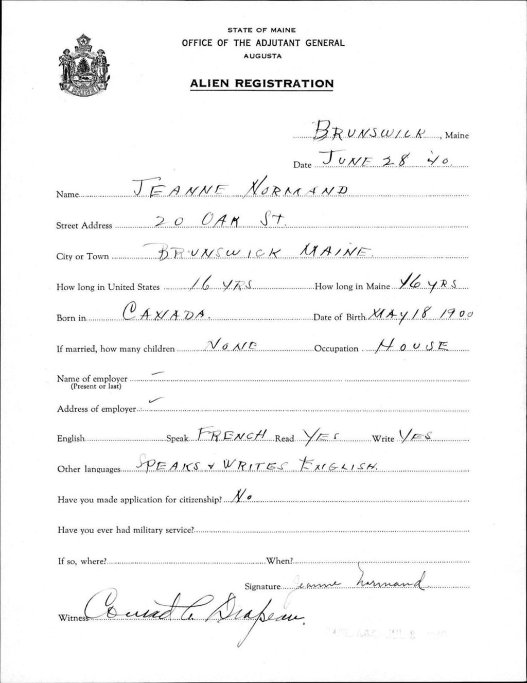 Miniature of Alien Registration- Normand, Jeanne (Brunswick, Cumberland County)
