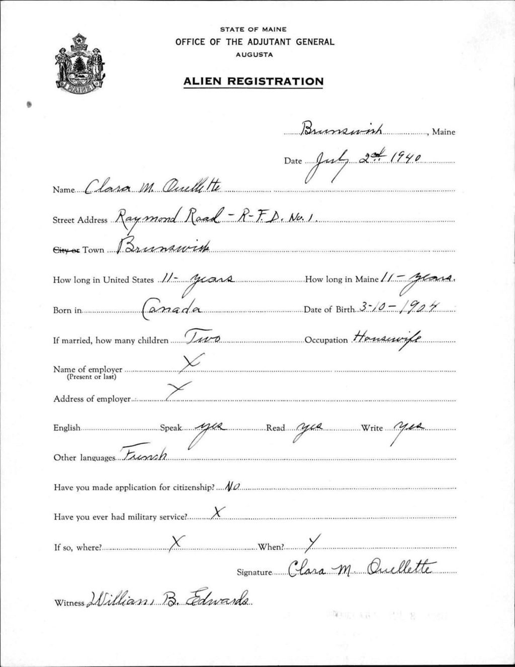 Miniature of Alien Registration- Ouellette, Clara M. (Brunswick, Cumberland County)
