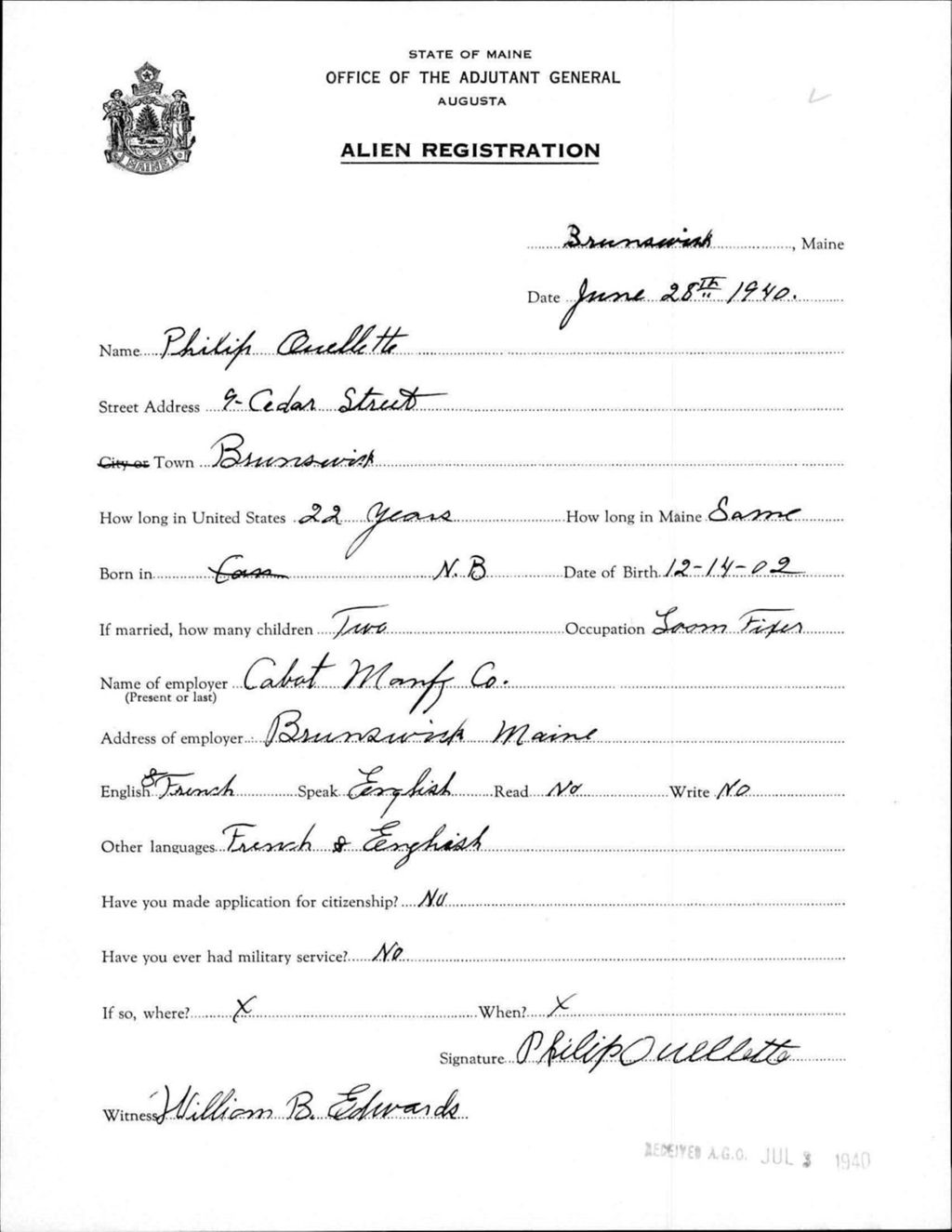 Miniature of Alien Registration- Ouellette, Philip (Brunswick, Cumberland County)