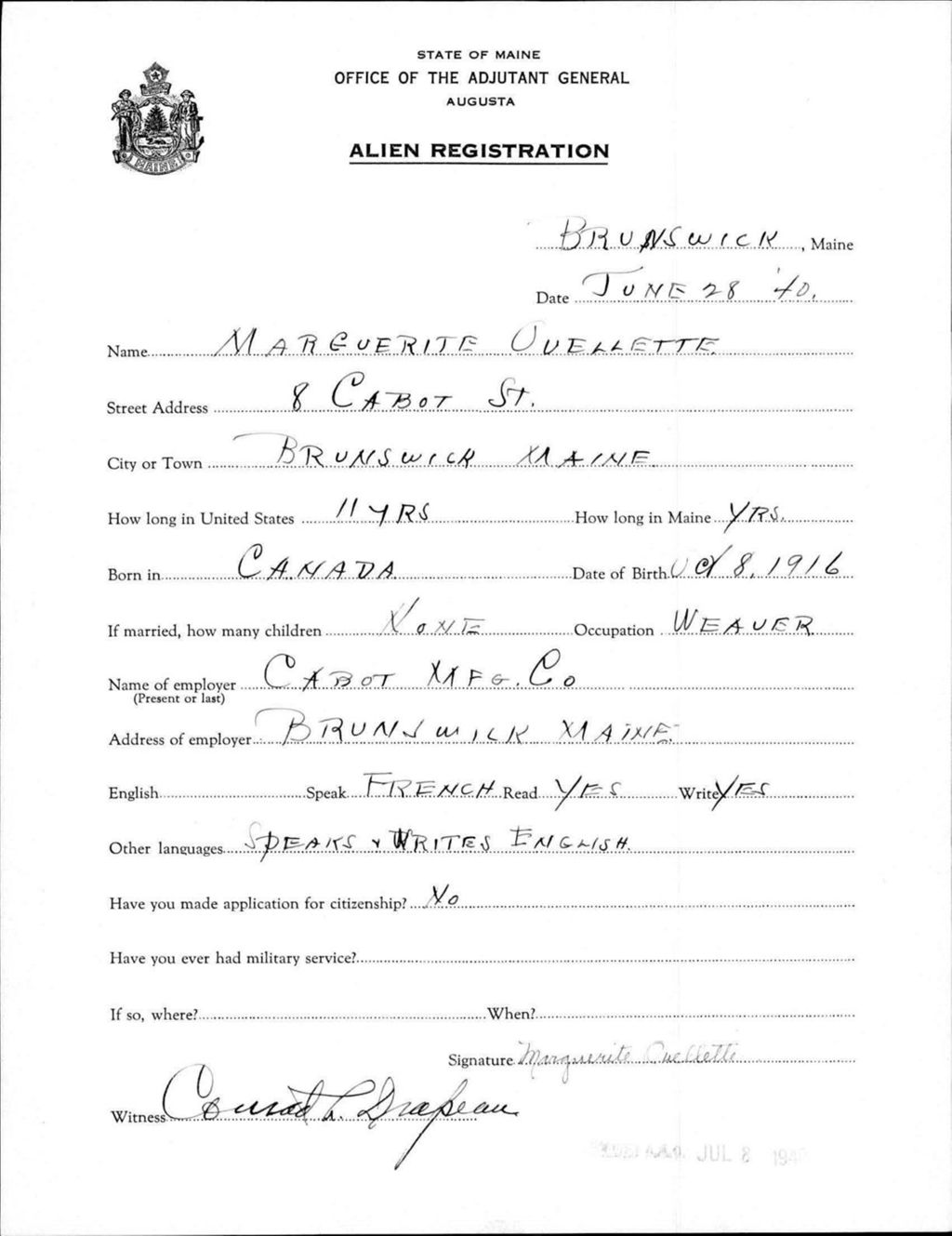 Miniature of Alien Registration- Ouellette, Marguerite (Brunswick, Cumberland County)