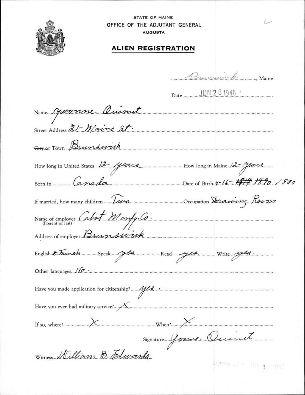 Miniature of Alien Registration- Ouimet, Yvonne (Brunswick, Cumberland County)