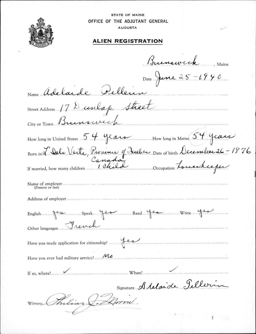 Miniature of Alien Registration- Pellerin, Adelaide (Brunswick, Cumberland County)