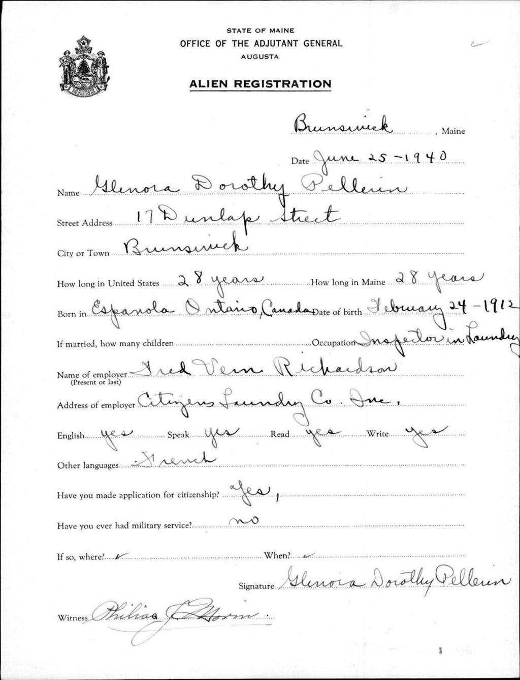 Miniature of Alien Registration- Pellerin, Glenora D. (Brunswick, Cumberland County)