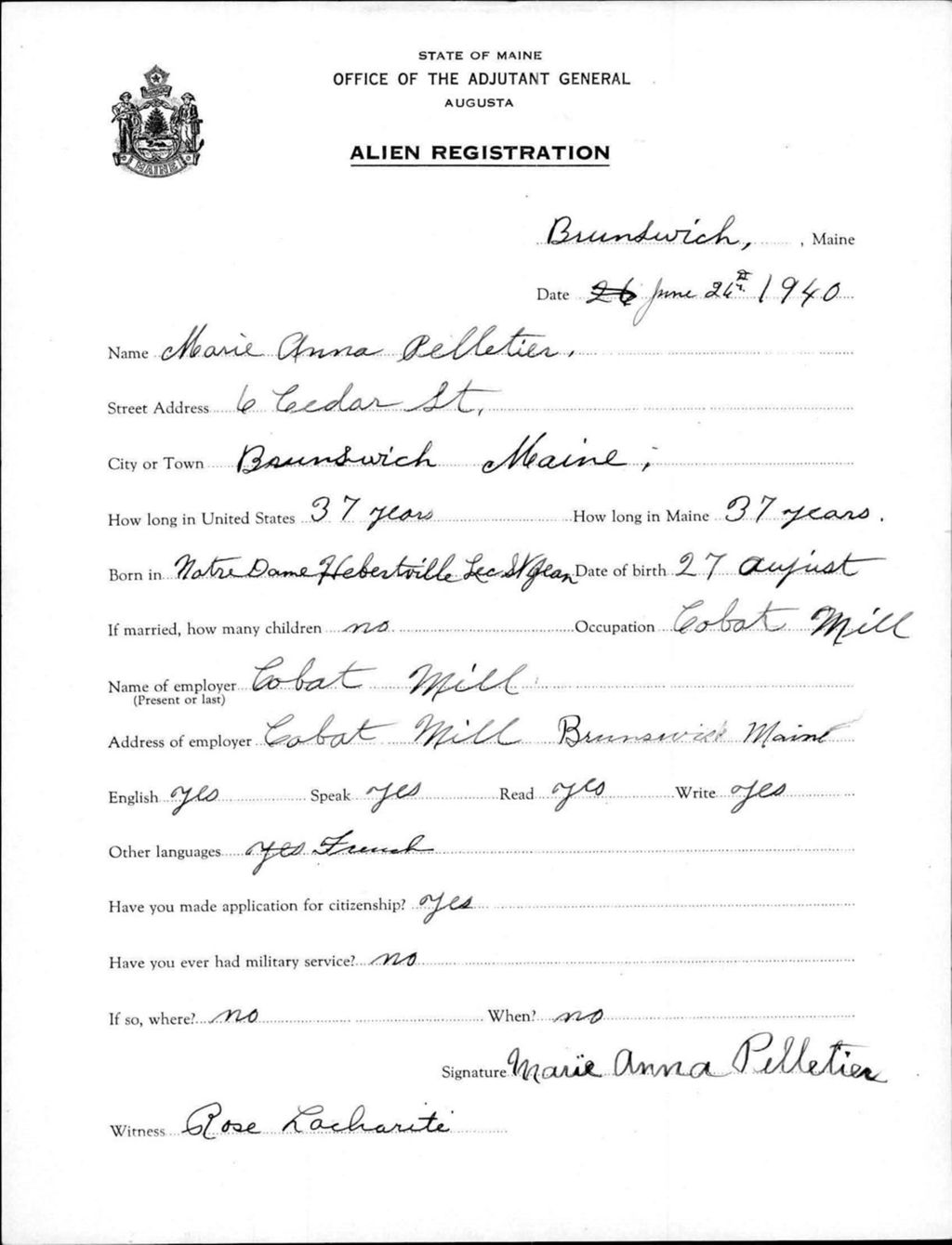 Miniature of Alien Registration- Pelletier, Marie A. (Brunswick, Cumberland County)