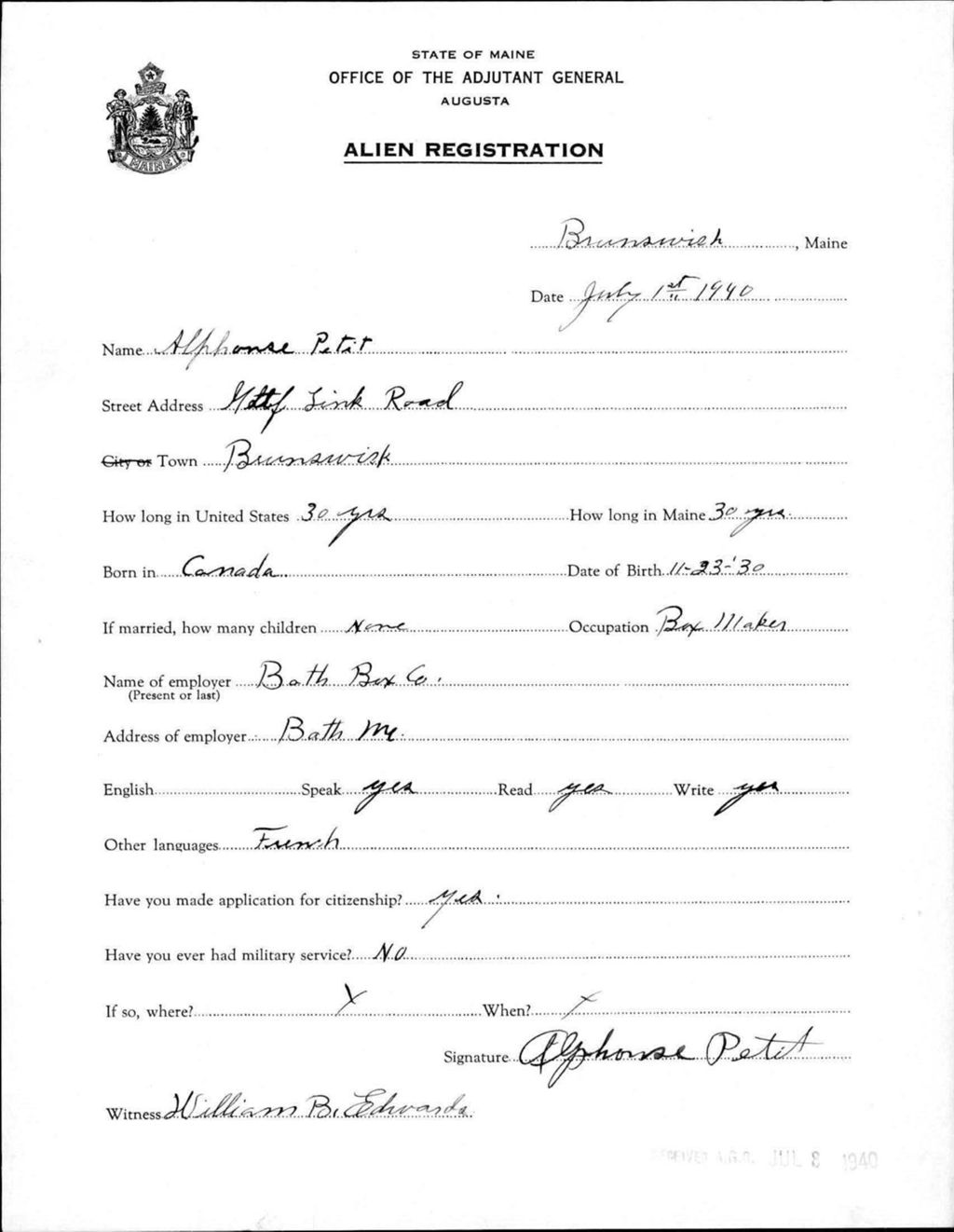 Miniature of Alien Registration- Petit, Alphonse (Brunswick, Cumberland County)