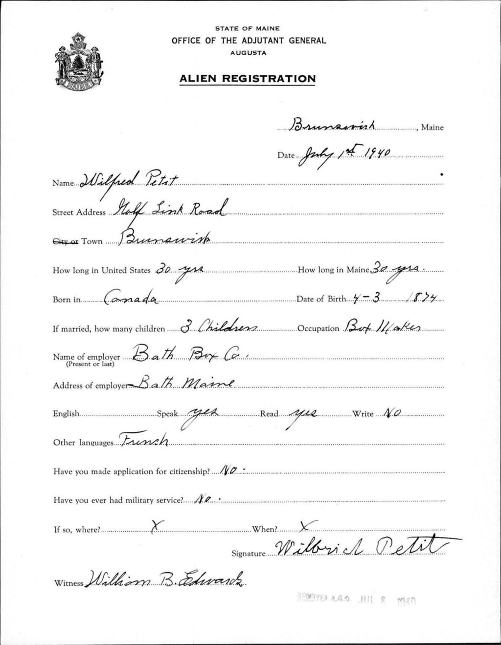 Miniature of Alien Registration- Petit, Wilfred (Brunswick, Cumberland County)