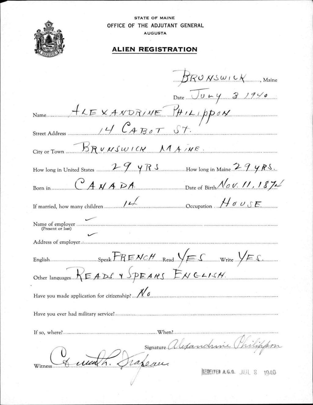 Miniature of Alien Registration- Philippon, Alexandrine (Brunswick, Cumberland County)