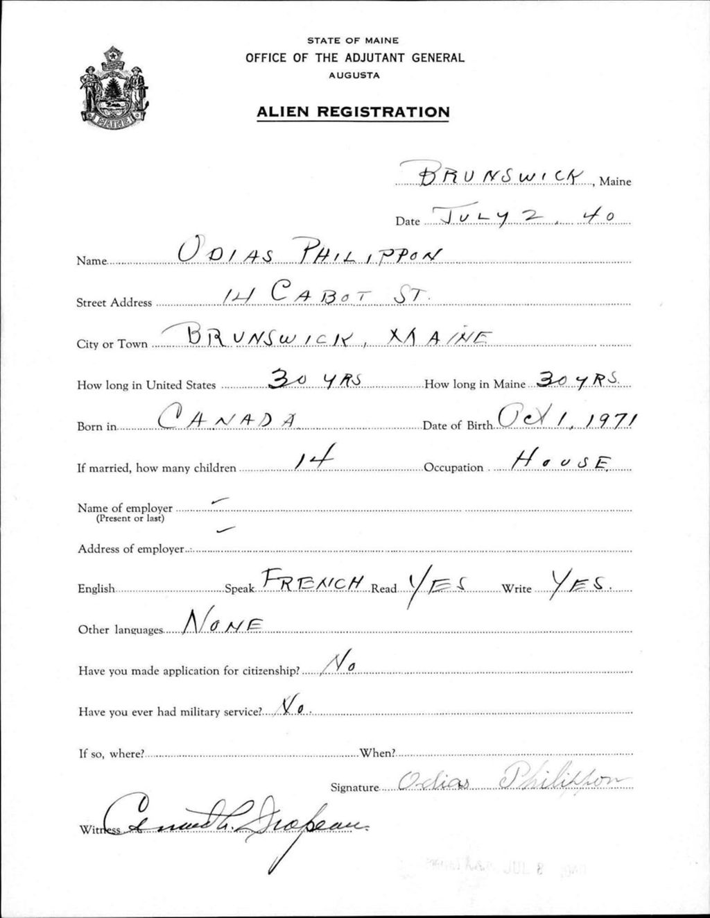 Miniature of Alien Registration- Philippon, Odias (Brunswick, Cumberland County)