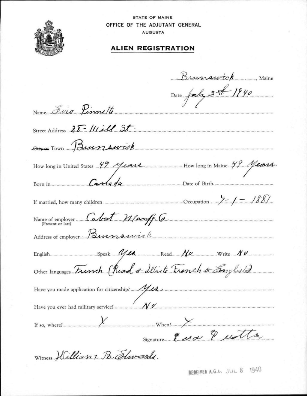 Miniature of Alien Registration- Pinnette, Evia (Brunswick, Cumberland County)