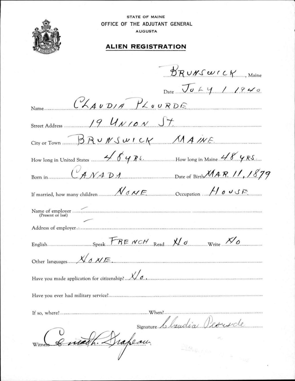 Miniature of Alien Registration- Plourde, Claudia (Brunswick, Cumberland County)
