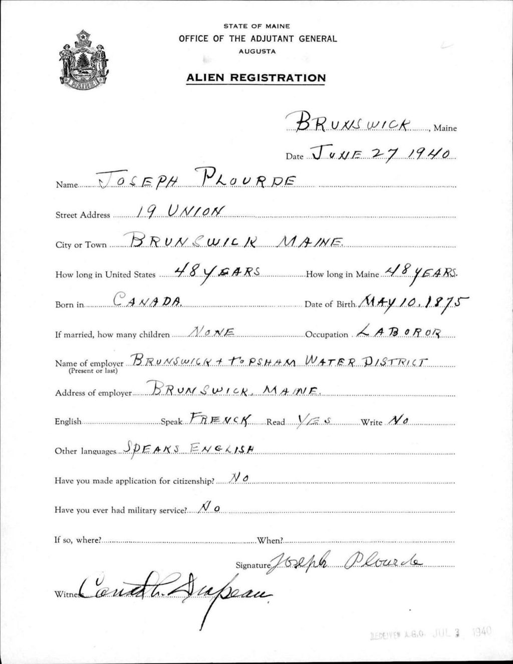 Miniature of Alien Registration- Plourde, Joseph (Brunswick, Cumberland County)
