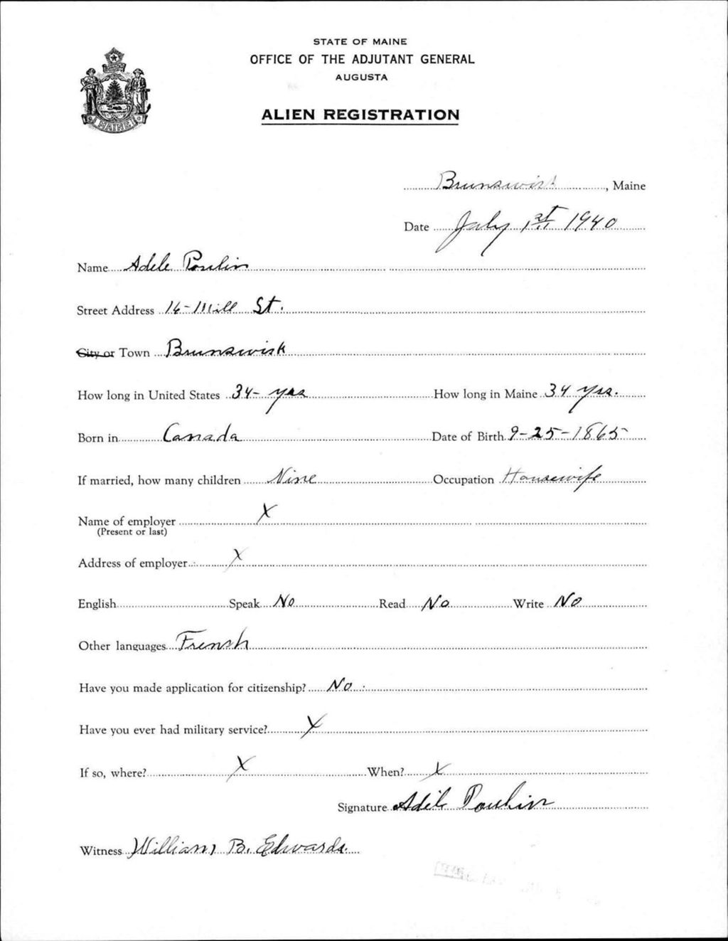 Miniature of Alien Registration- Poulin, Adele (Brunswick, Cumberland County)