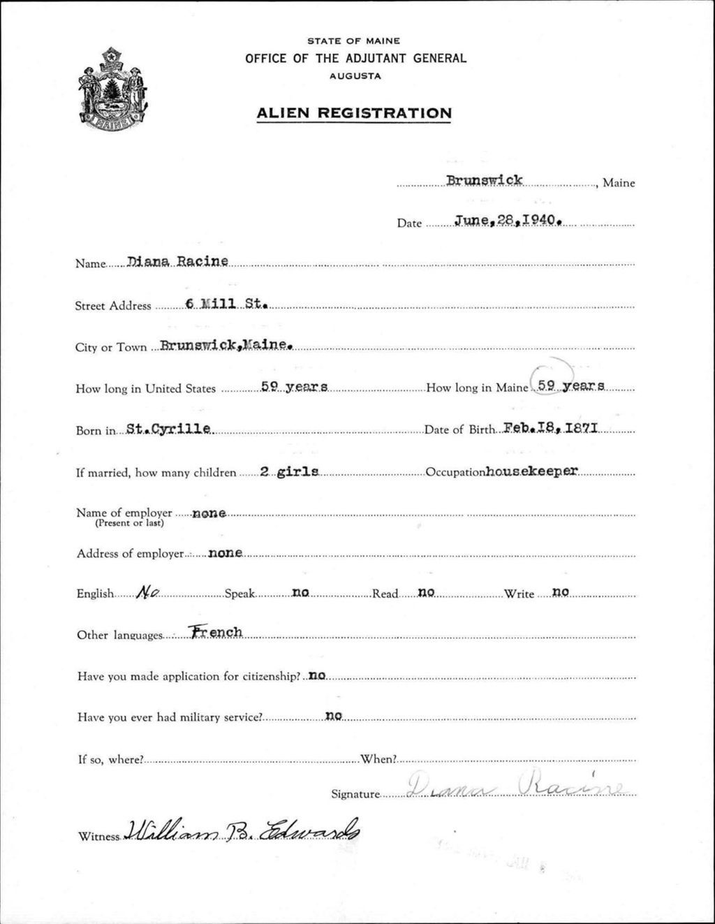Miniature of Alien Registration- Racine, Diana (Brunswick, Cumberland County)