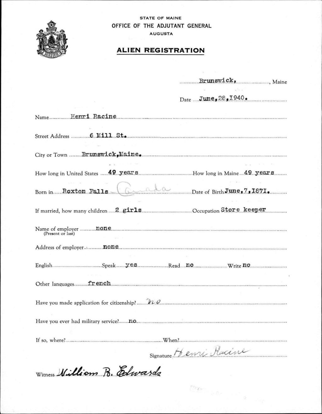 Miniature of Alien Registration- Racine, Henri (Brunswick, Cumberland County)