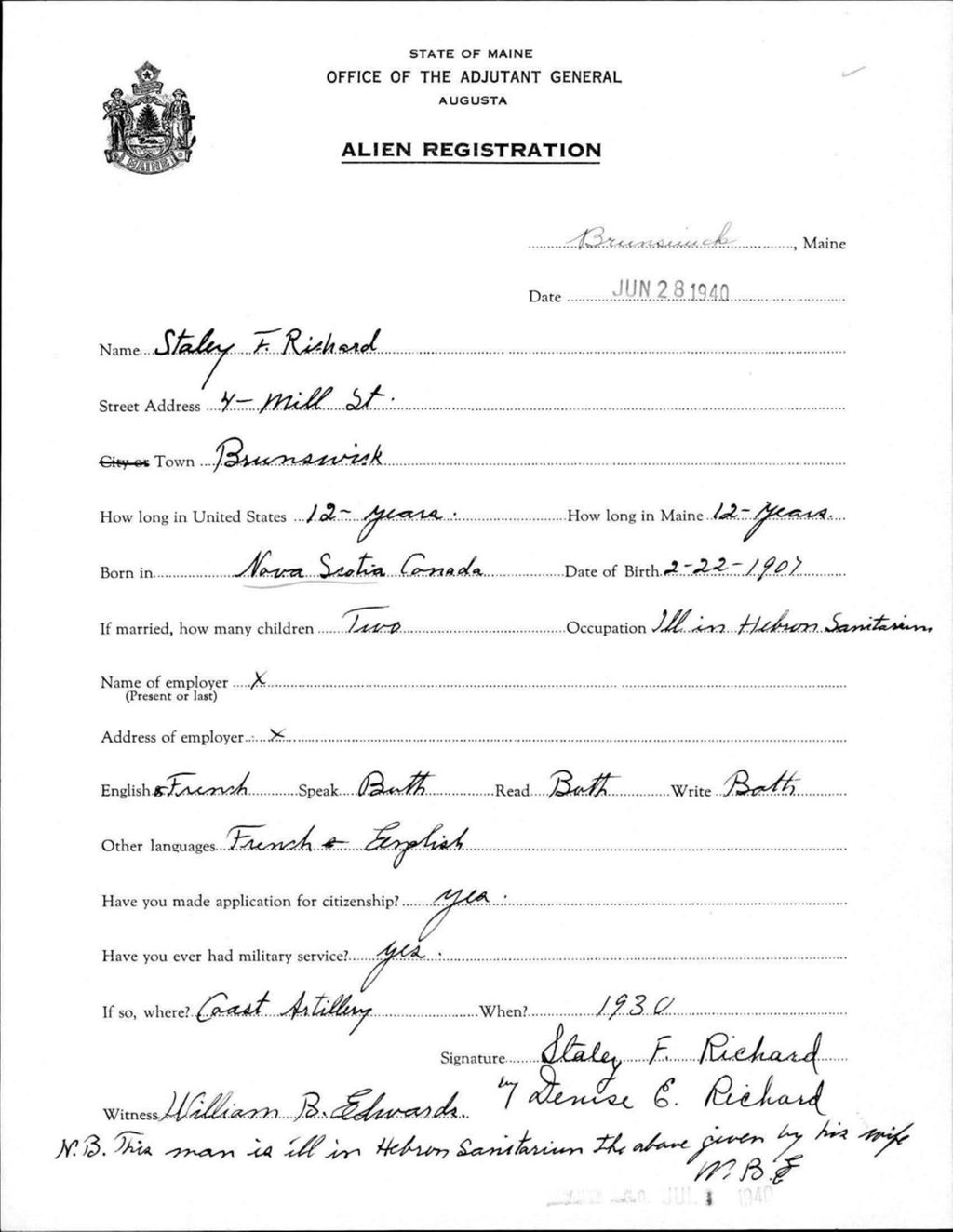 Miniature of Alien Registration- Richard, Staley F. (Brunswick, Cumberland County)