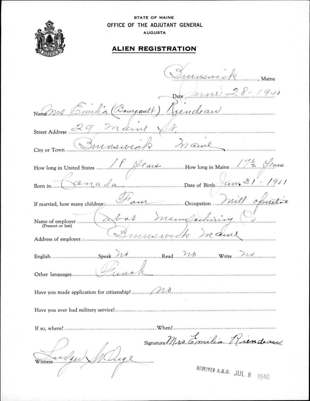Miniature of Alien Registration- Bourgault, Emilia (Brunswick, Cumberland County)