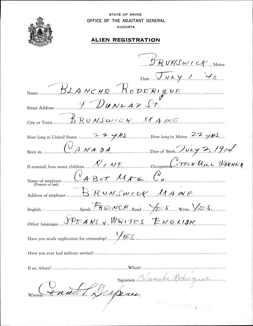 Miniature of Alien Registration- Roderique, Blanche (Brunswick, Cumberland County)