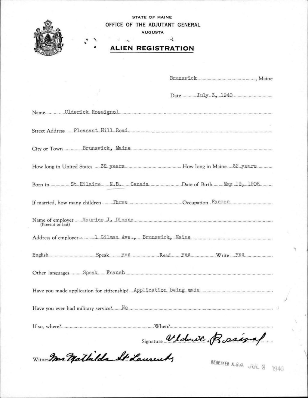 Miniature of Alien Registration- Rossignol, Ulderick (Brunswick, Cumberland County)