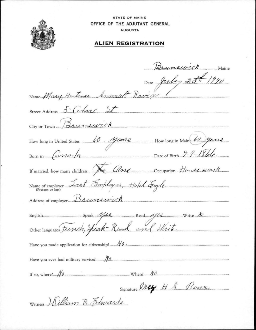 Miniature of Alien Registration- Rouix, Mary Hartense A. (Brunswick, Cumberland County)