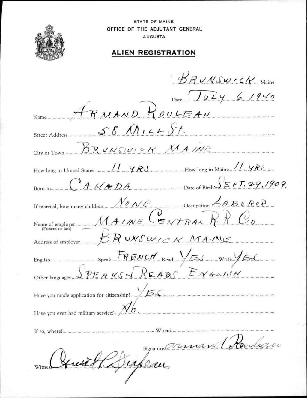 Miniature of Alien Registration- Rouleau, Armand (Brunswick, Cumberland County)