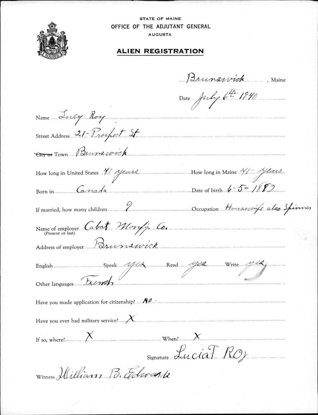 Miniature of Alien Registration- Roy, Lucy (Brunswick, Cumberland County)