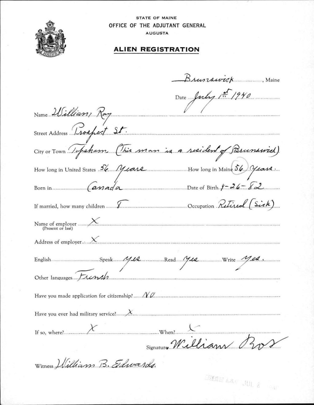 Miniature of Alien Registration- Roy, William (Brunswick, Cumberland County)