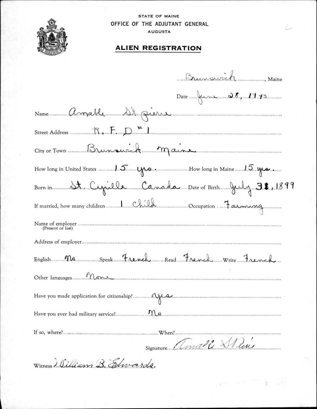 Miniature of Alien Registration- St Pierre, Amable (Brunswick, Cumberland County)
