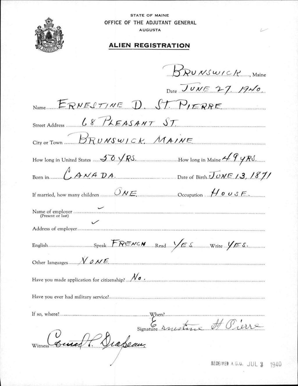 Miniature of Alien Registration- St Pierre, Ernestine D. (Brunswick, Cumberland County)