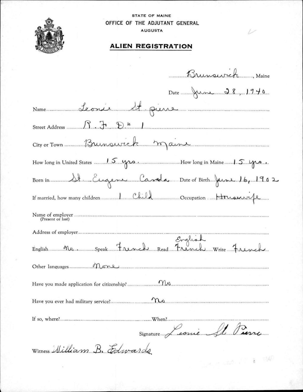 Miniature of Alien Registration- St Pierre, Leonie (Brunswick, Cumberland County)