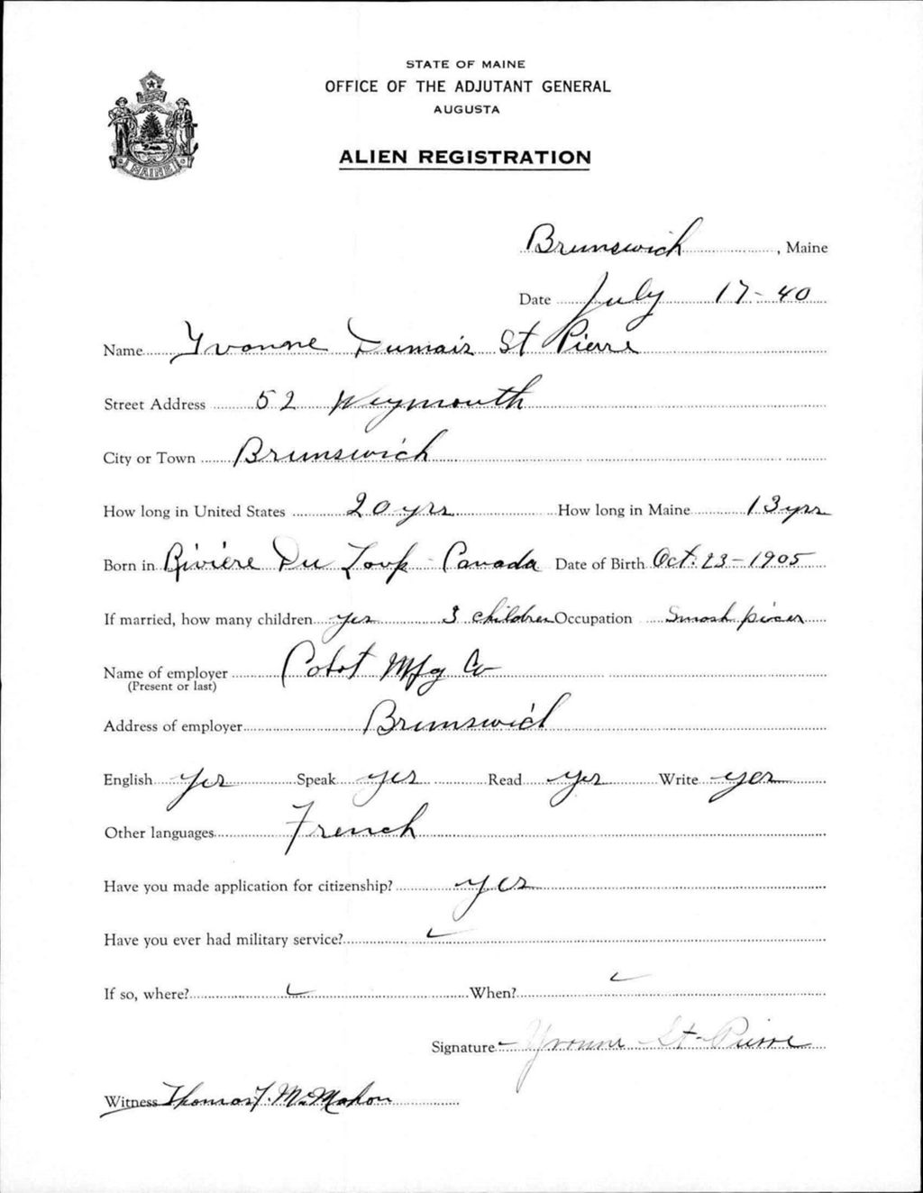 Miniature of Alien Registration- Dumais, Yvonne (Brunswick, Cumberland County)