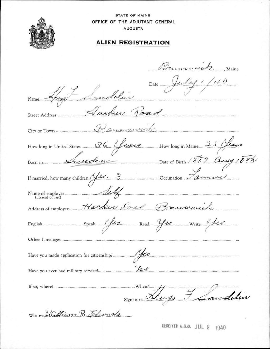 Miniature of Alien Registration- Sandelin, Hugo F. (Brunswick, Cumberland County)