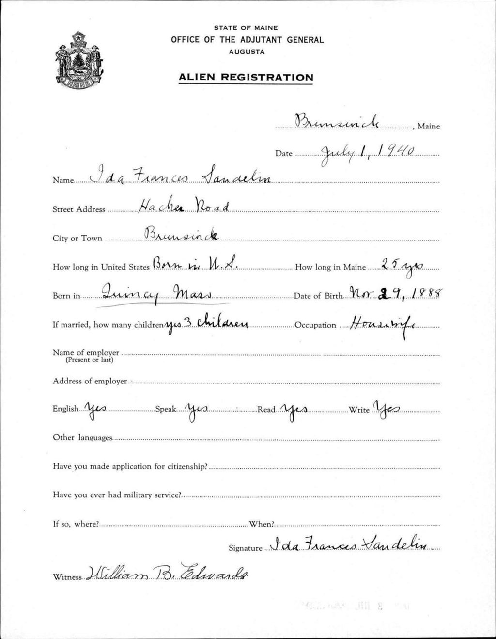 Miniature of Alien Registration- Sandelin, Ida F. (Brunswick, Cumberland County)