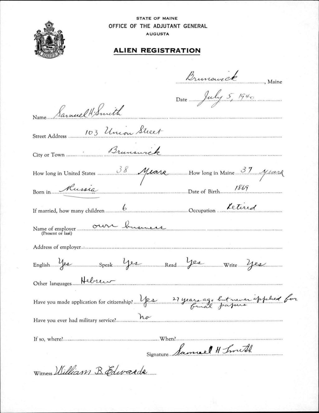 Miniature of Alien Registration- Smith, Samuel H. (Brunswick, Cumberland County)