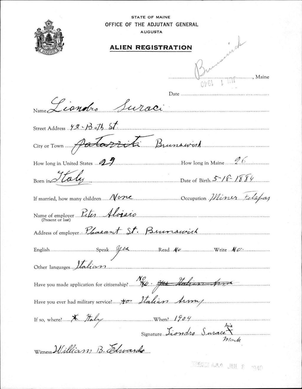 Miniature of Alien Registration- Surace, Liondro (Brunswick, Cumberland County)