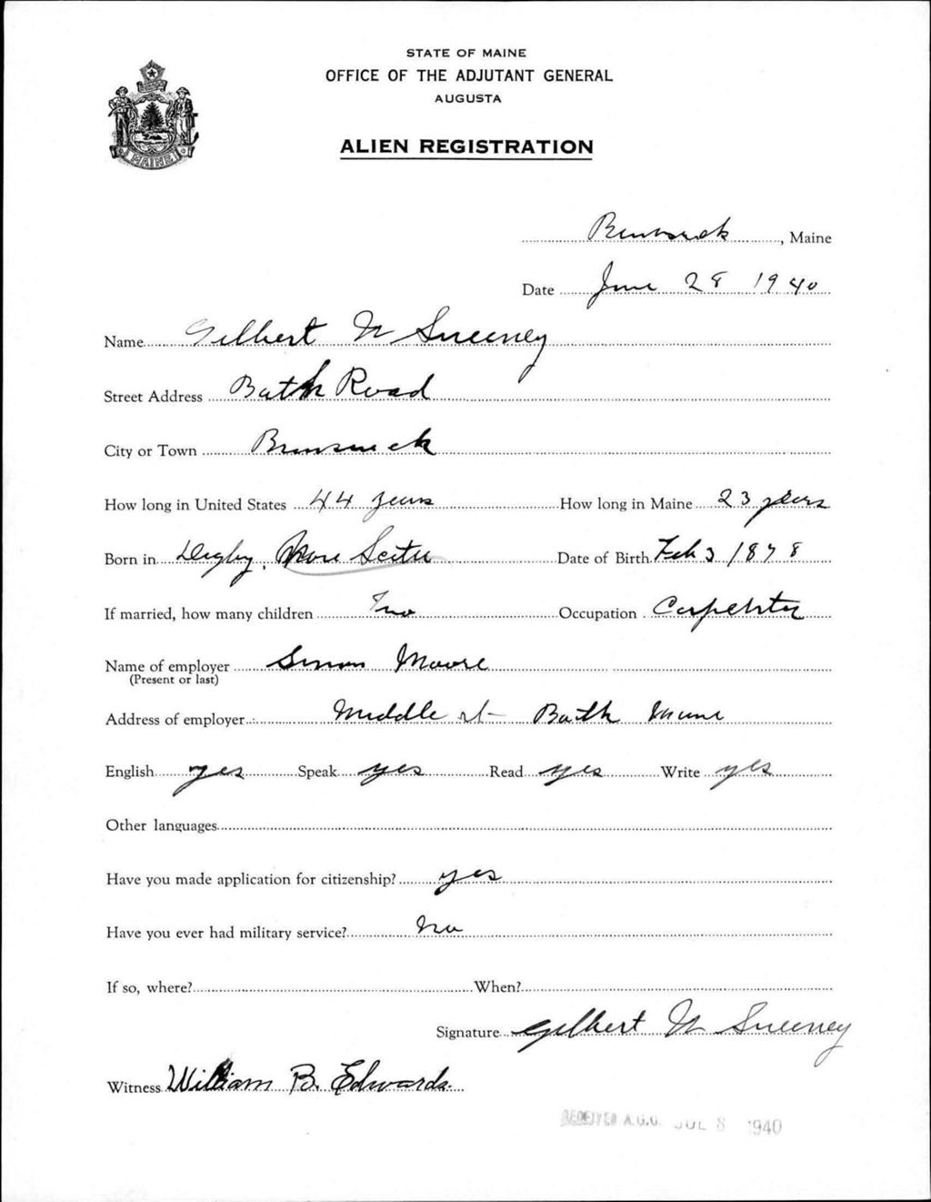 Miniature of Alien Registration- Sweeney, Gilbert N. (Brunswick, Cumberland County)