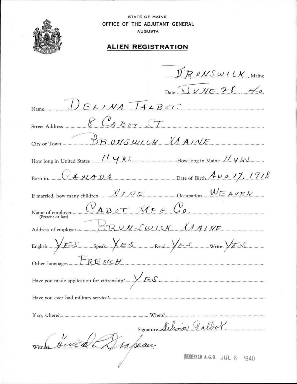 Miniature of Alien Registration- Talbot, Delina (Brunswick, Cumberland County)