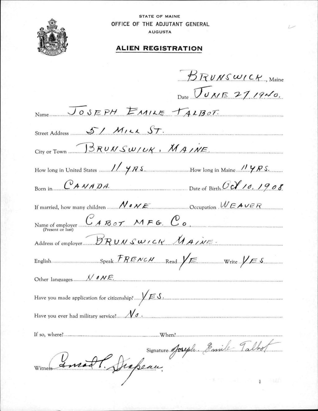 Miniature of Alien Registration- Talbot, Joseph E. (Brunswick, Cumberland County)