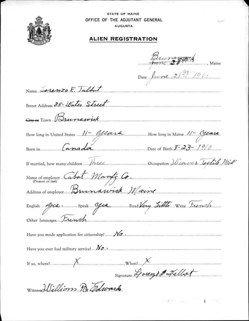 Miniature of Alien Registration- Talbot, Lorenzo E. (Brunswick, Cumberland County)