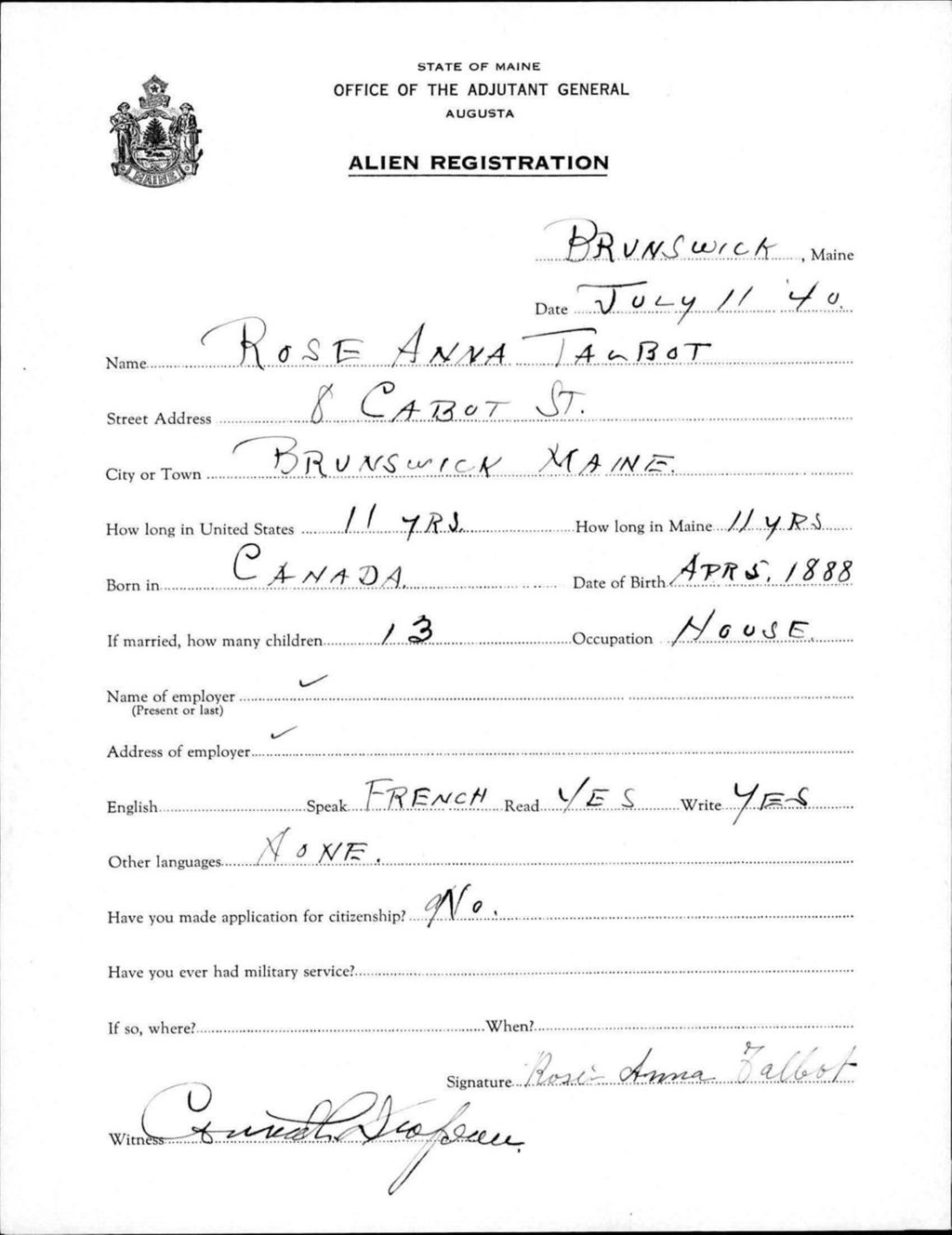 Miniature of Alien Registration- Talbot, Rose A. (Brunswick, Cumberland County)