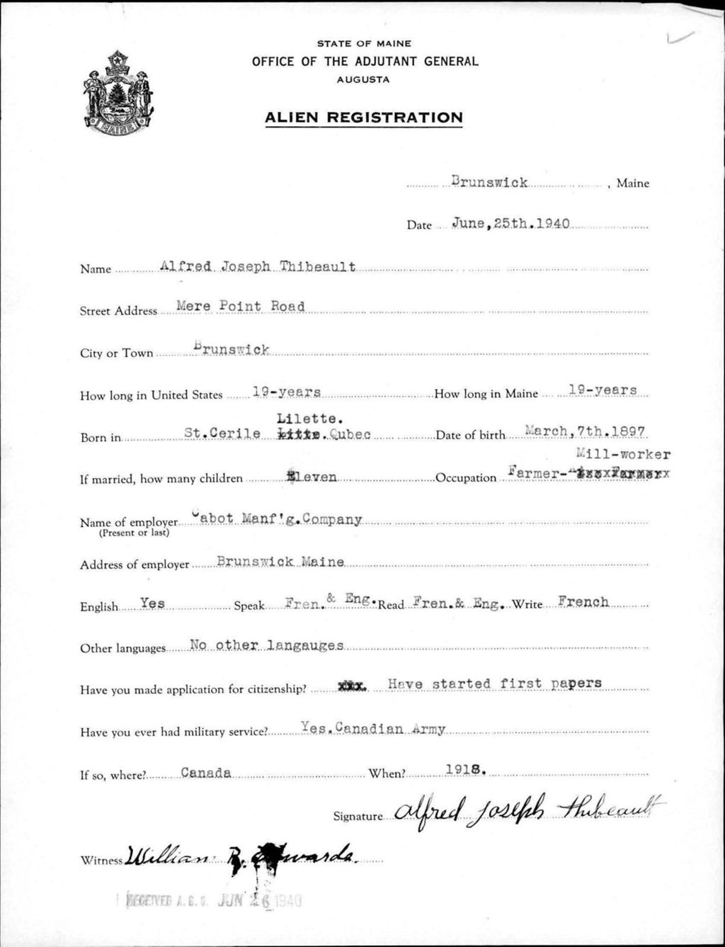 Miniature of Alien Registration- Thibeault, Alfred J. (Brunswick, Cumberland County)