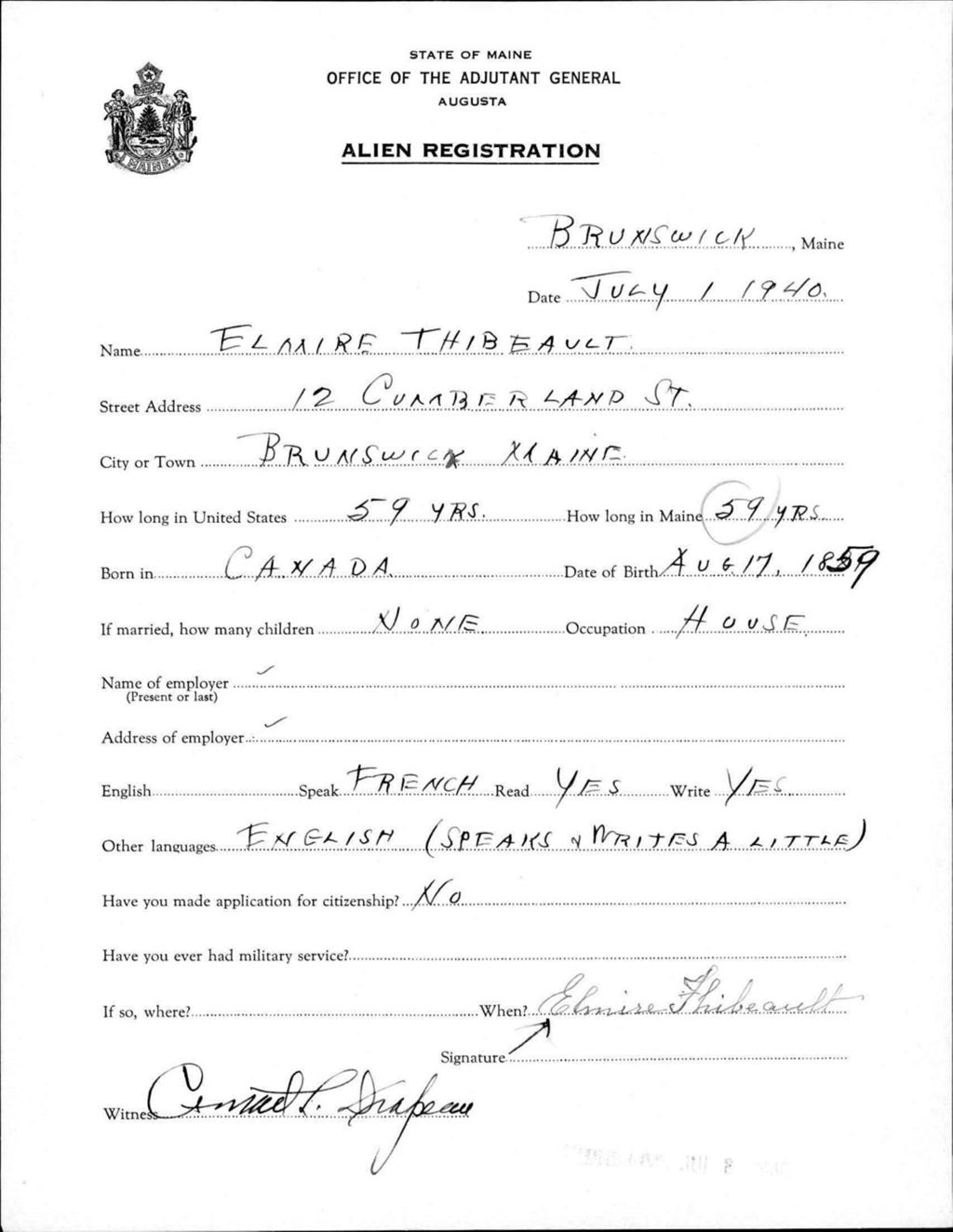Miniature of Alien Registration- Thibeault, Elmire (Brunswick, Cumberland County)
